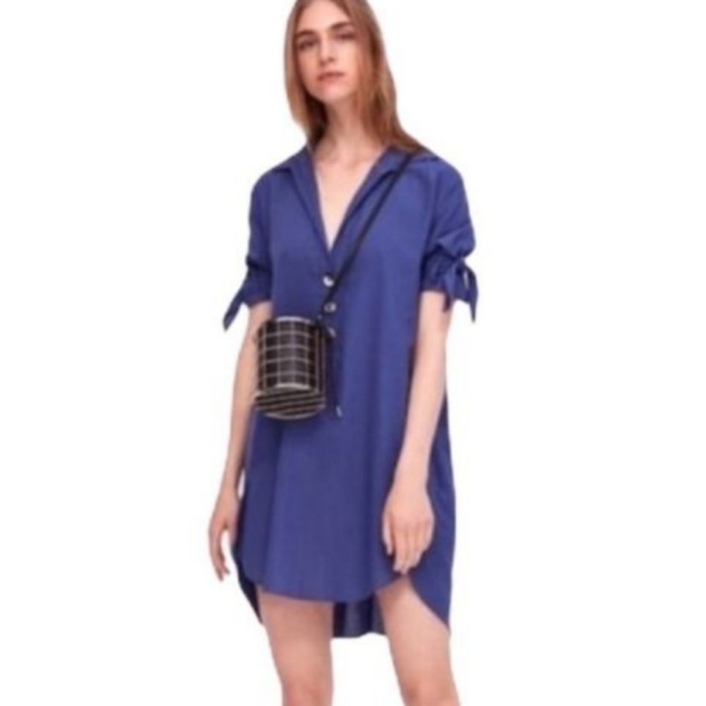 Zara Basics Blue Linen Blend Shirt Dress - Picture 2 of 7